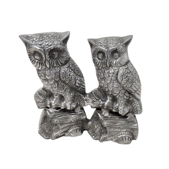 Vintage Cast Metal Silver Tone Owl Pair On Branch Figurine Mid Century Modern